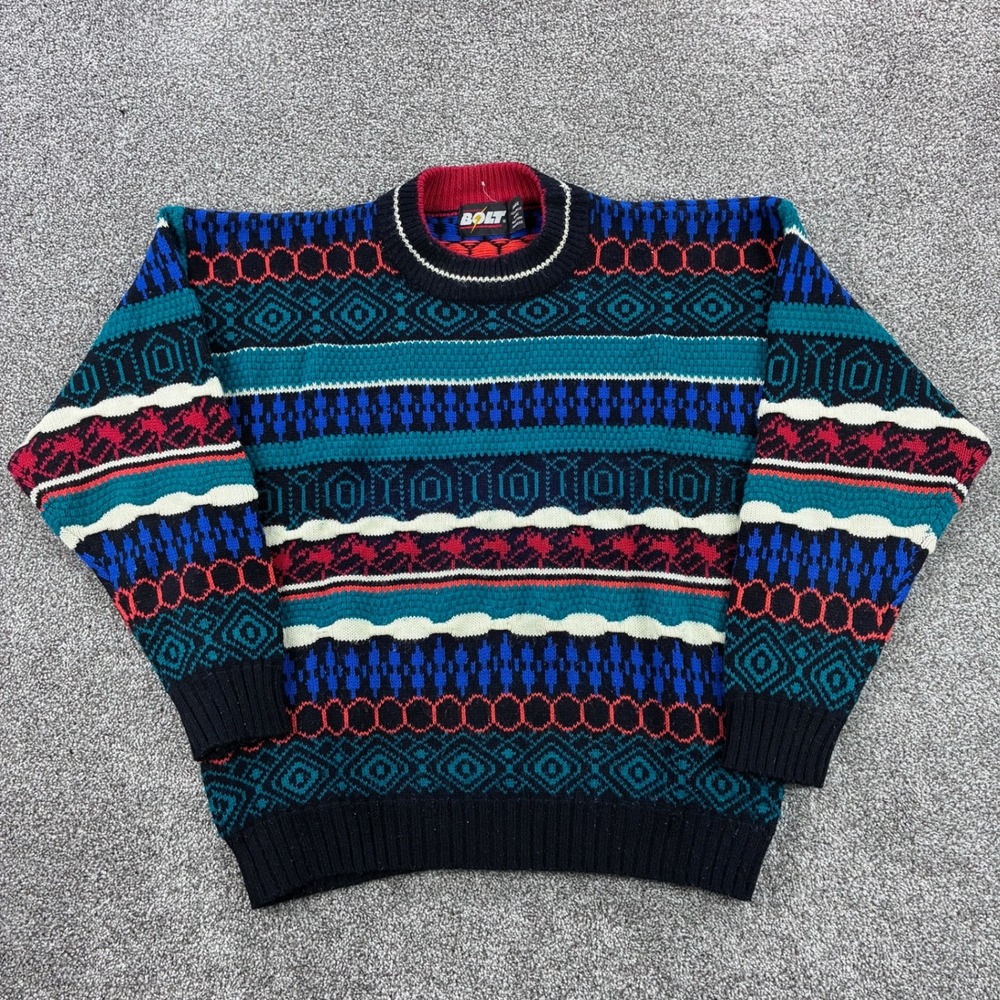 Vintage Lightning Bolt Sweater Mens Large Retro Colorful Patterned Textured Knit